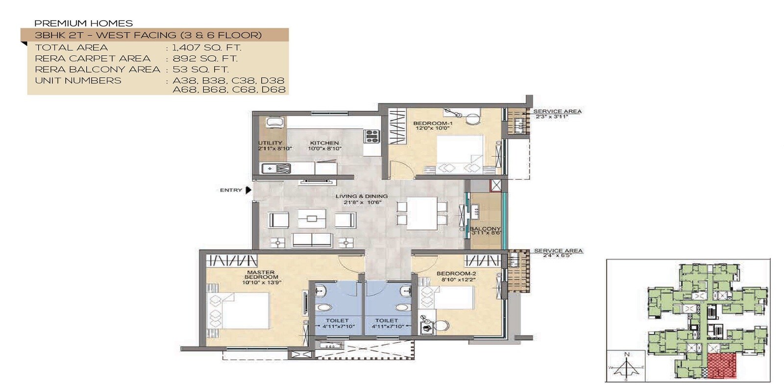 Floor plan of 3 BHK 1407 Sq. Ft. Apartment in TVS Emerald Magnific, Chennai