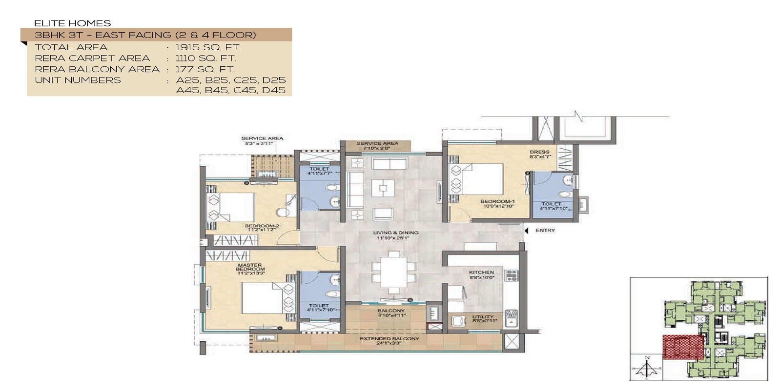 Floor plan of 3 BHK 1915 Sq. Ft. Apartment in TVS Emerald Magnific, Chennai