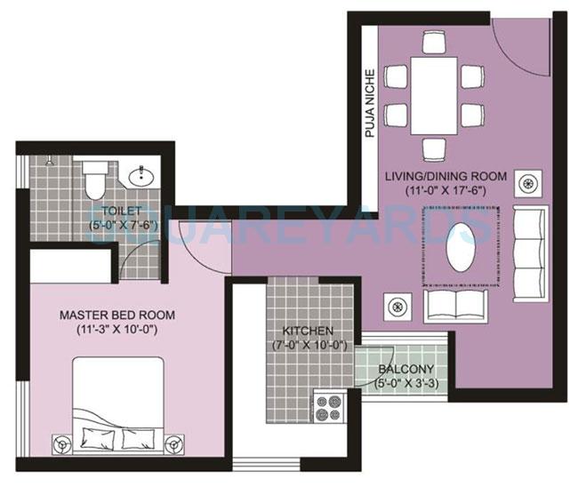 Floor plan of 1 BHK 755 Sq. Ft. Apartment in Unitech Ananda, Chennai