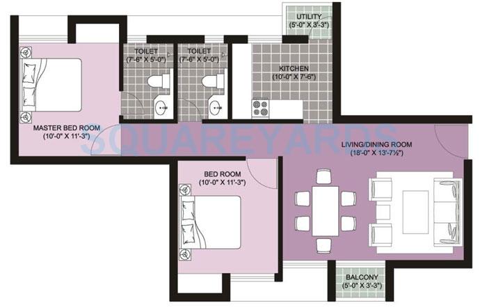 Floor plan of 2 BHK 1081 Sq. Ft. Apartment in Unitech Ananda, Chennai