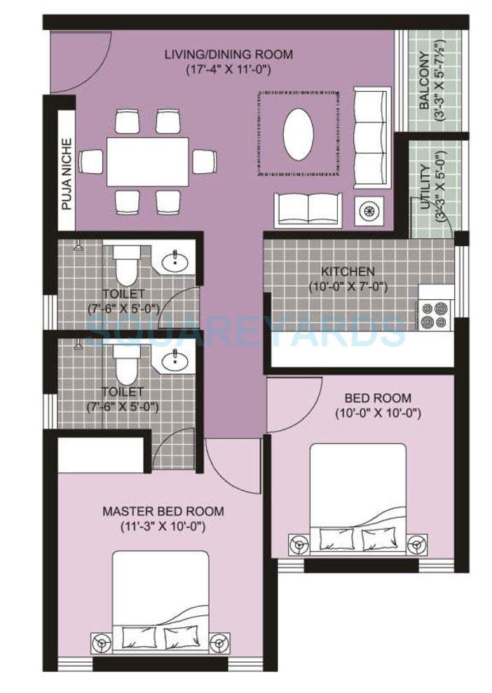 Floor plan of 1 BHK 960 Sq. Ft. Apartment in Unitech Ananda, Chennai
