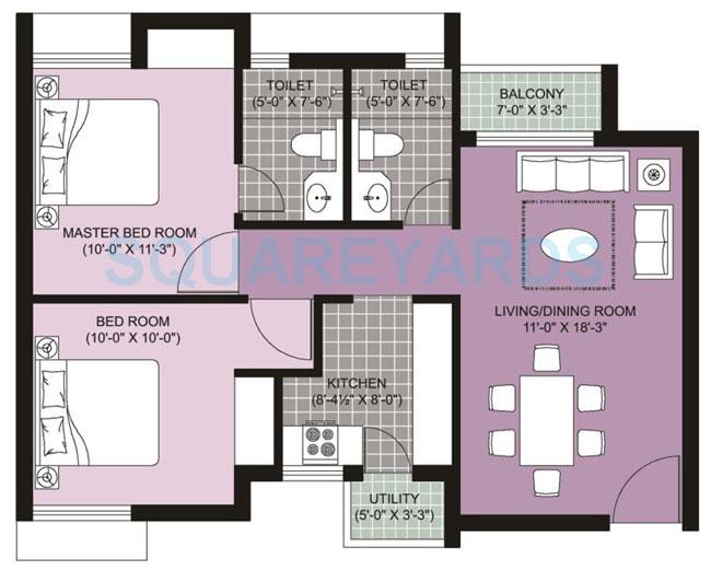 Floor plan of 1 BHK 967 Sq. Ft. Apartment in Unitech Ananda, Chennai