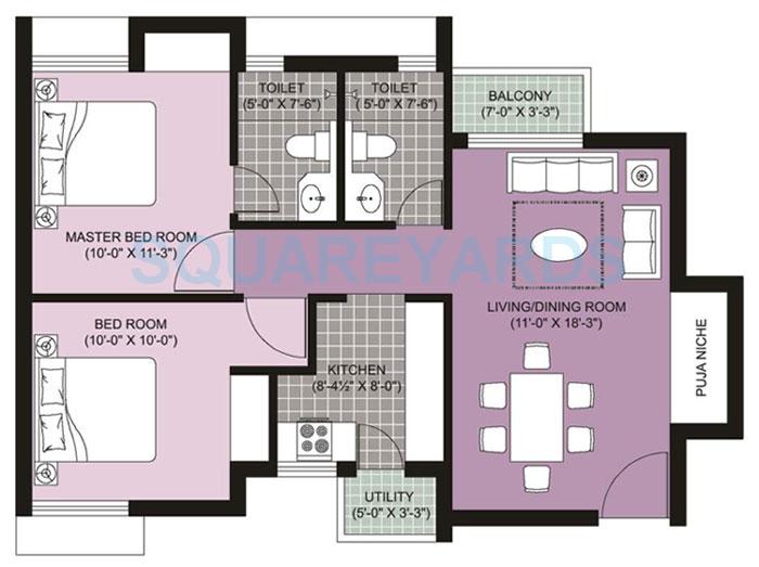 Floor plan of 2 BHK 990 Sq. Ft. Apartment in Unitech Ananda, Chennai