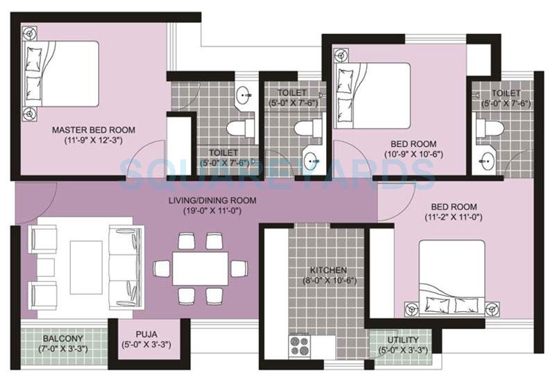 Floor plan of 2 BHK 1338 Sq. Ft. Apartment in Unitech Ananda, Chennai