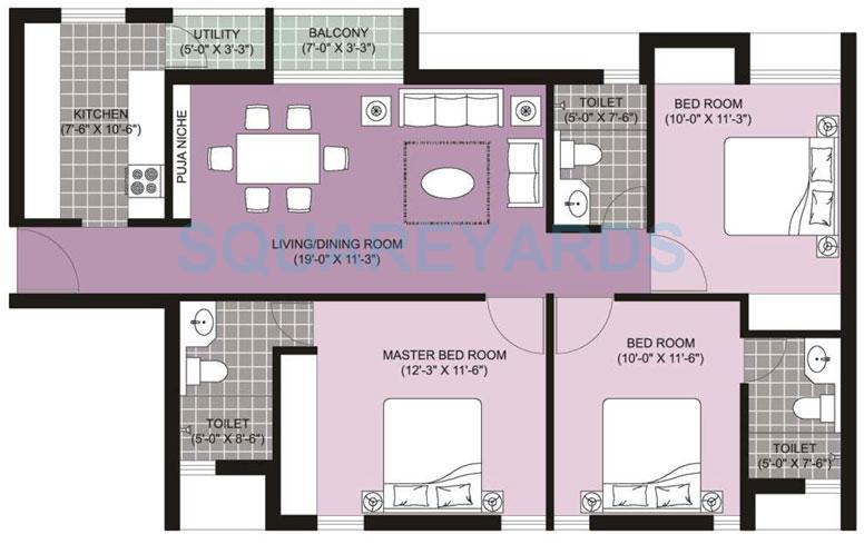 Floor plan of 2 BHK 1347 Sq. Ft. Apartment in Unitech Ananda, Chennai
