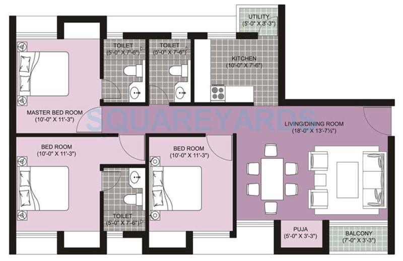 Floor plan of 3 BHK 1357 Sq. Ft. Apartment in Unitech Ananda, Chennai