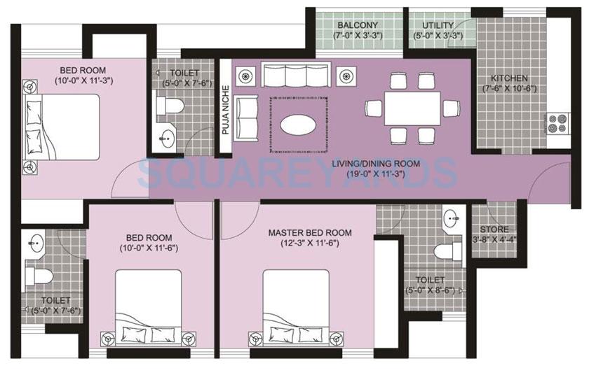 Floor plan of 3 BHK 1363 Sq. Ft. Apartment in Unitech Ananda, Chennai