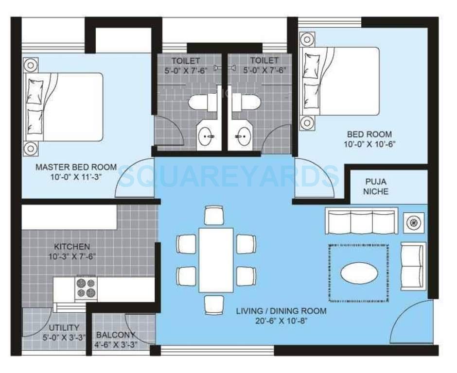 Floor plan of 2 BHK 1016 Sq. Ft. Apartment in Unitech Brahma, Chennai
