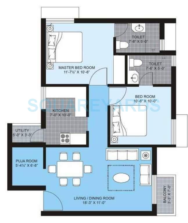 Floor plan of 2 BHK 1018 Sq. Ft. Apartment in Unitech Brahma, Chennai