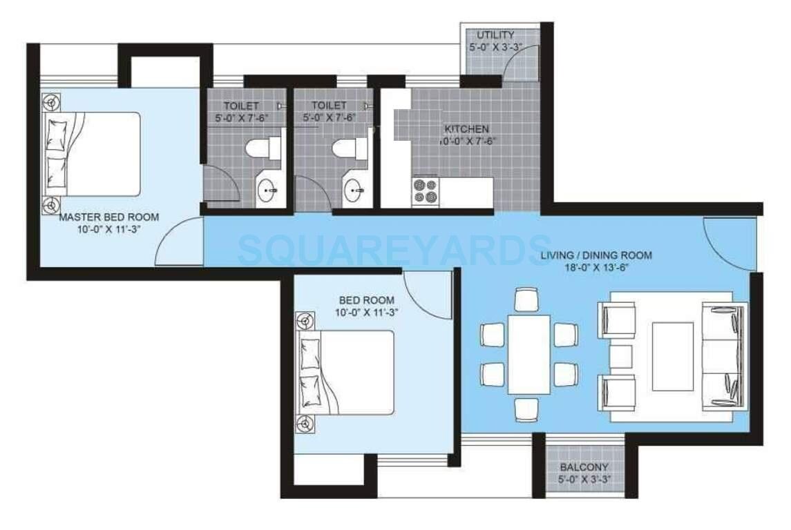 Floor plan of 2 BHK 1081 Sq. Ft. Apartment in Unitech Brahma, Chennai