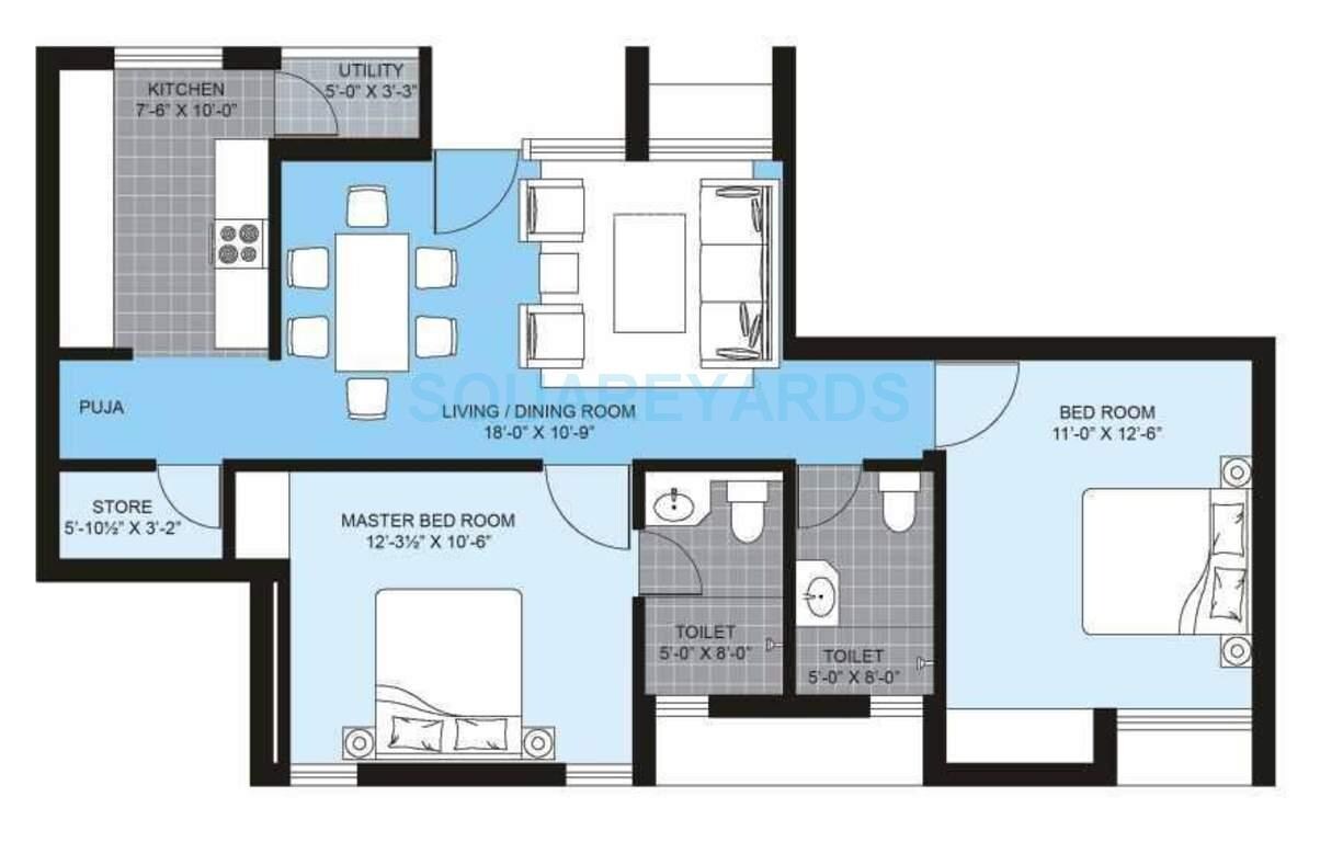 Floor plan of 2 BHK 1096 Sq. Ft. Apartment in Unitech Brahma, Chennai