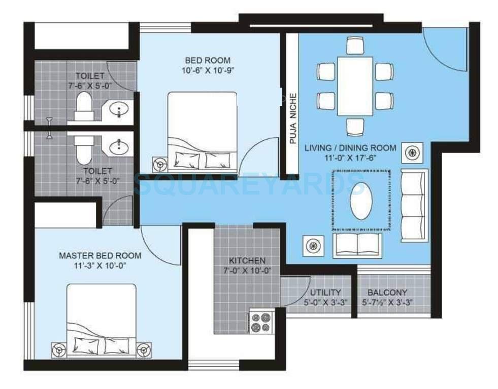 Floor plan of 2 BHK 990 Sq. Ft. Apartment in Unitech Brahma, Chennai