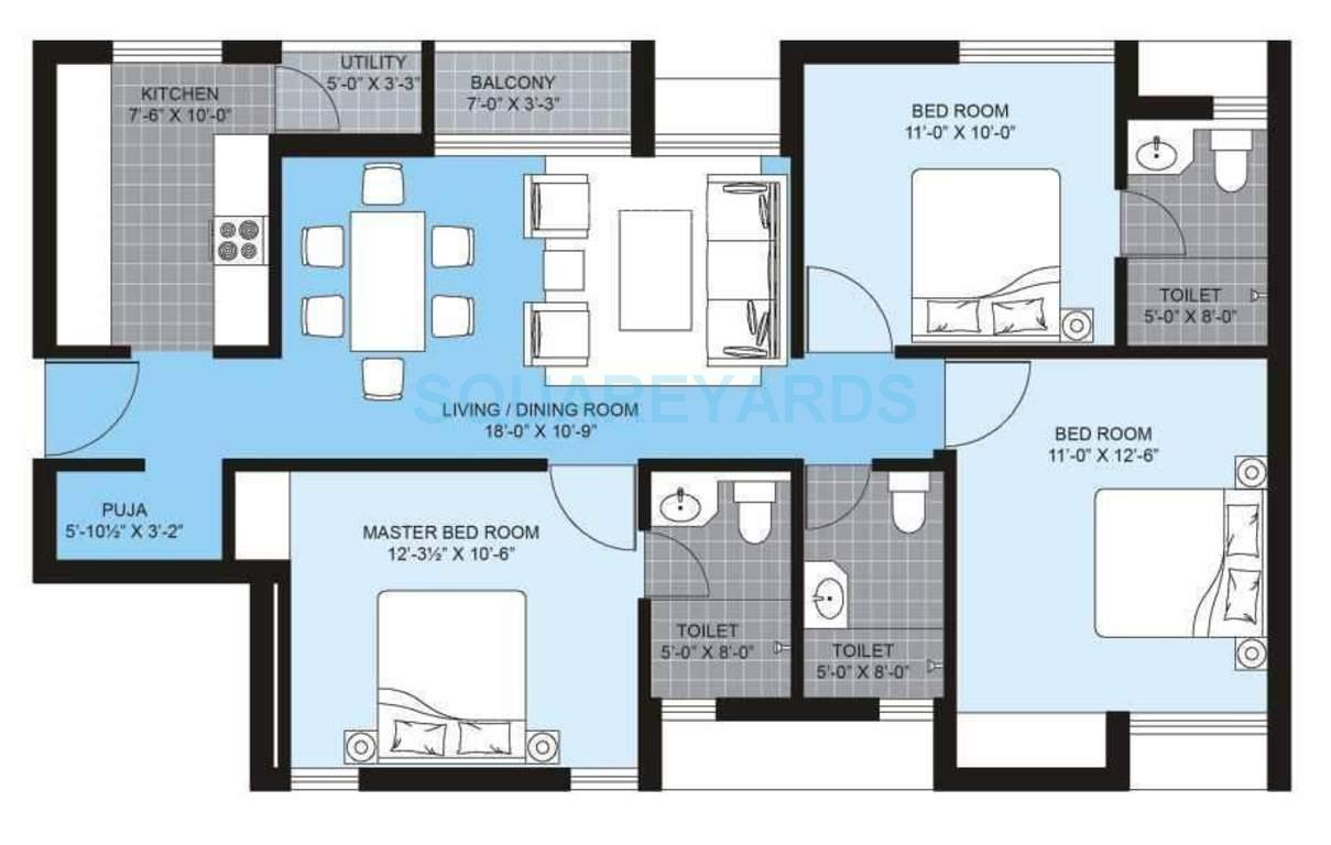 Floor plan of 3 BHK 1310 Sq. Ft. Apartment in Unitech Brahma, Chennai