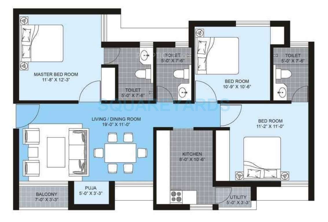 Floor plan of 3 BHK 1338 Sq. Ft. Apartment in Unitech Brahma, Chennai