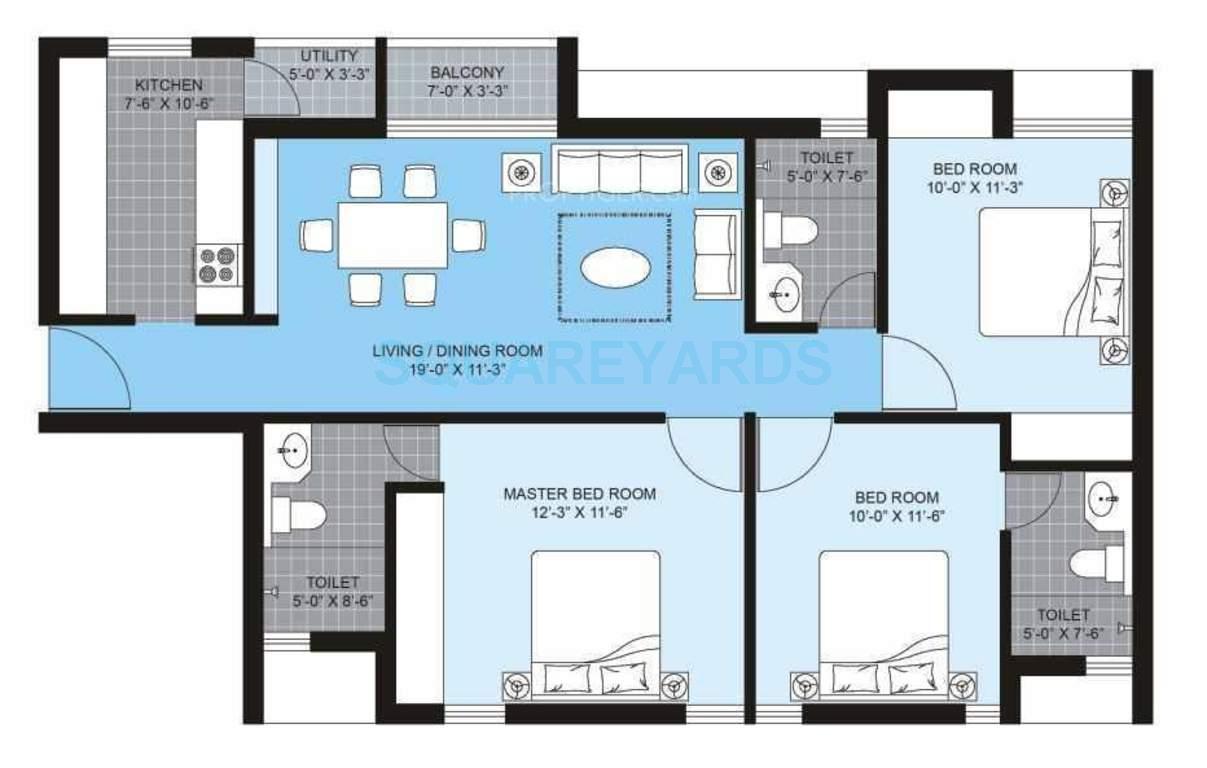 Floor plan of 3 BHK 1347 Sq. Ft. Apartment in Unitech Brahma, Chennai