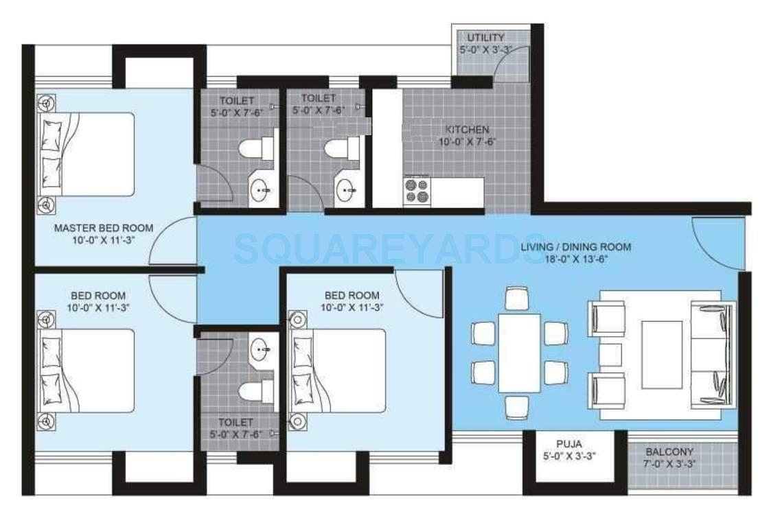 Floor plan of 3 BHK 1357 Sq. Ft. Apartment in Unitech Brahma, Chennai