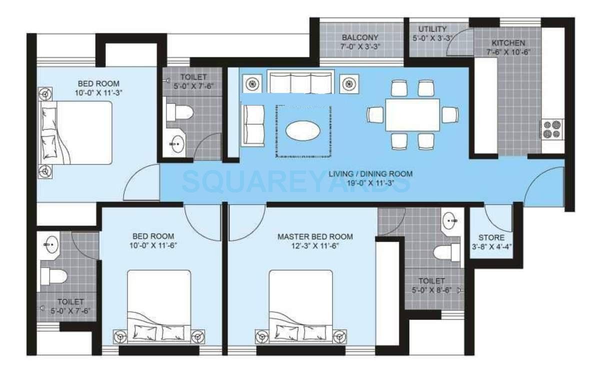 Floor plan of 3 BHK 1363 Sq. Ft. Apartment in Unitech Brahma, Chennai