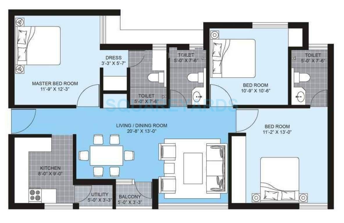 Floor plan of 3 BHK 1367 Sq. Ft. Apartment in Unitech Brahma, Chennai