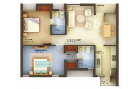 Floor plan of 2 BHK 1040 Sq. Ft. Apartment in Unitech Chaitanya, Chennai