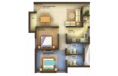 Floor plan of 2 BHK 1140 Sq. Ft. Apartment in Unitech Chaitanya, Chennai