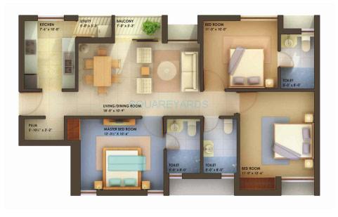 Floor plan of 3 BHK 1338 Sq. Ft. Apartment in Unitech Chaitanya, Chennai