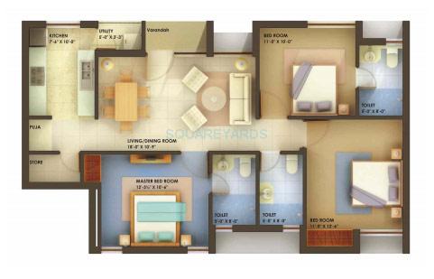Floor plan of 3 BHK 1347 Sq. Ft. Apartment in Unitech Chaitanya, Chennai