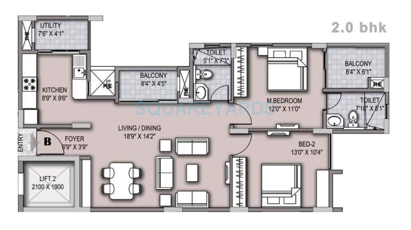 Floor plan of 2 BHK 1120 Sq. Ft. Apartment in Unitech Gardens Nallambakkam, Chennai