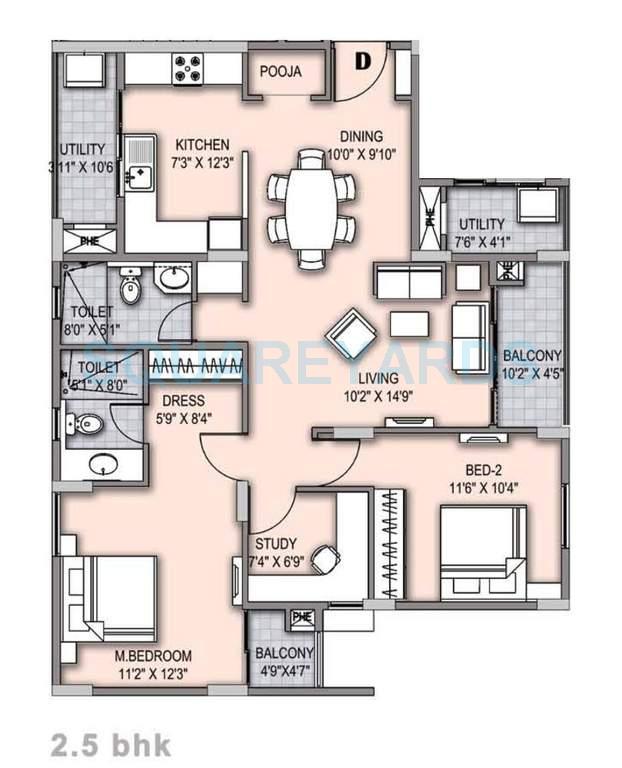 Floor plan of 3 BHK 1317 Sq. Ft. Apartment in Unitech Gardens Nallambakkam, Chennai