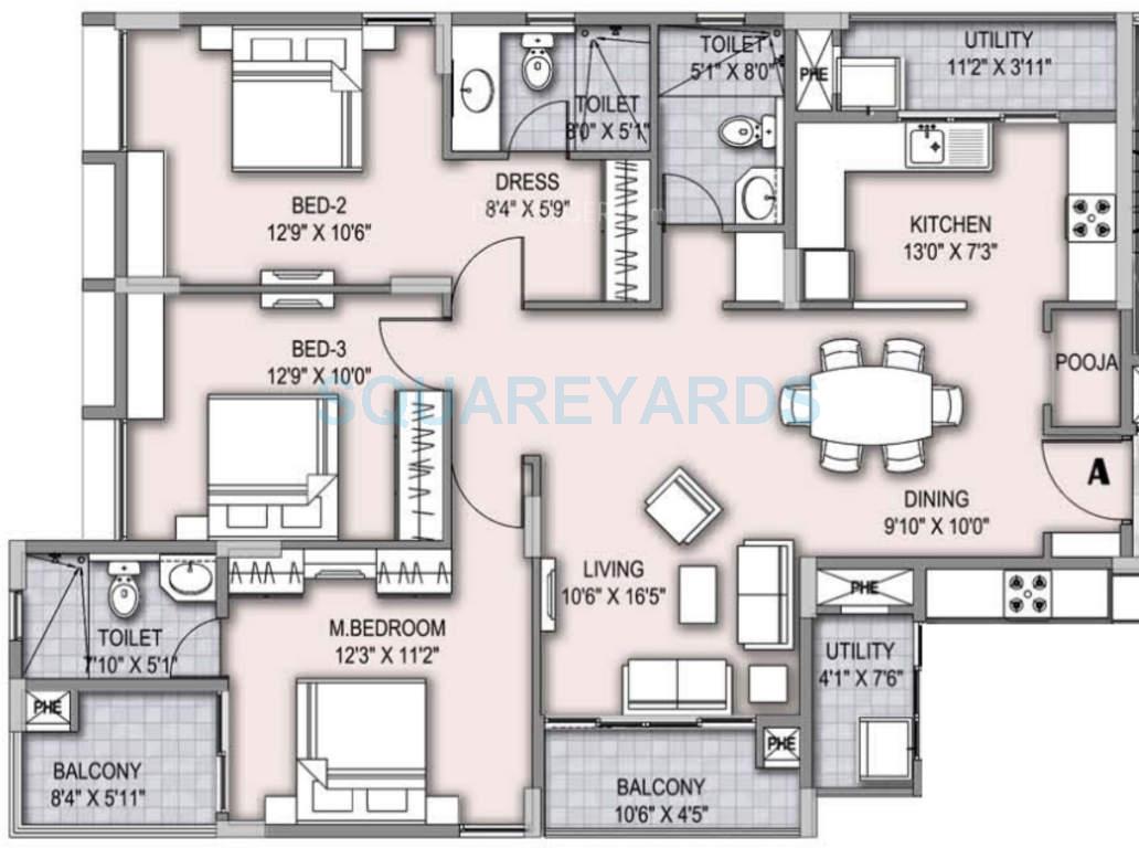 Floor plan of 3 BHK 1403 Sq. Ft. Apartment in Unitech Gardens Nallambakkam, Chennai