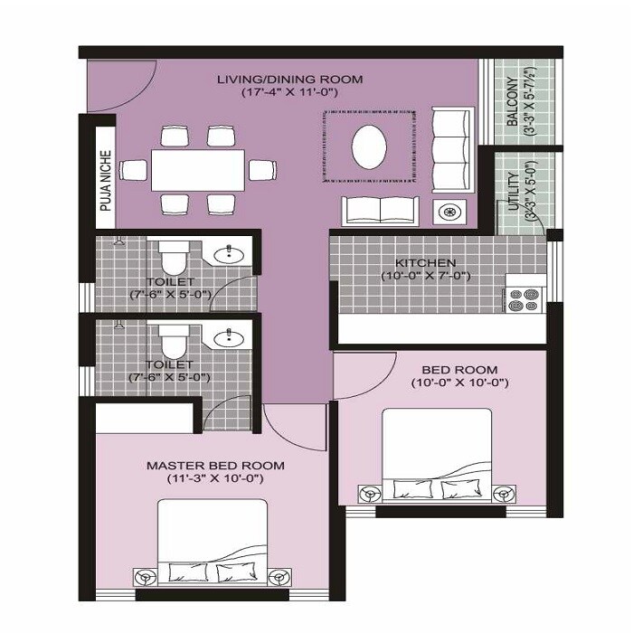 Floor plan of 2 BHK 960 Sq. Ft. Apartment in Unitech North Town Ananda, Chennai