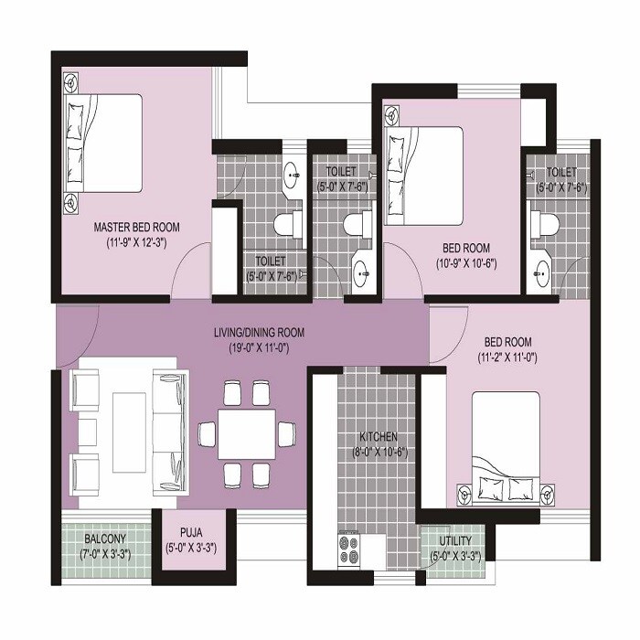 Floor plan of 3 BHK 1338 Sq. Ft. Apartment in Unitech North Town Ananda, Chennai