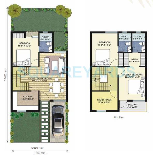 Floor plan of 3 BHK 1545 Sq. Ft. Villa in Unitech Palm Villas, Chennai