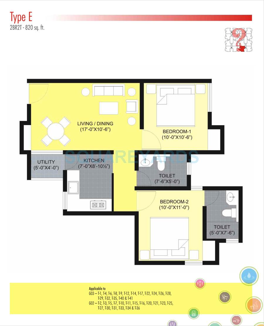 Floor plan of 2 BHK 820 Sq. Ft. Apartment in Unitech Unihomes 2 Chennai, Chennai