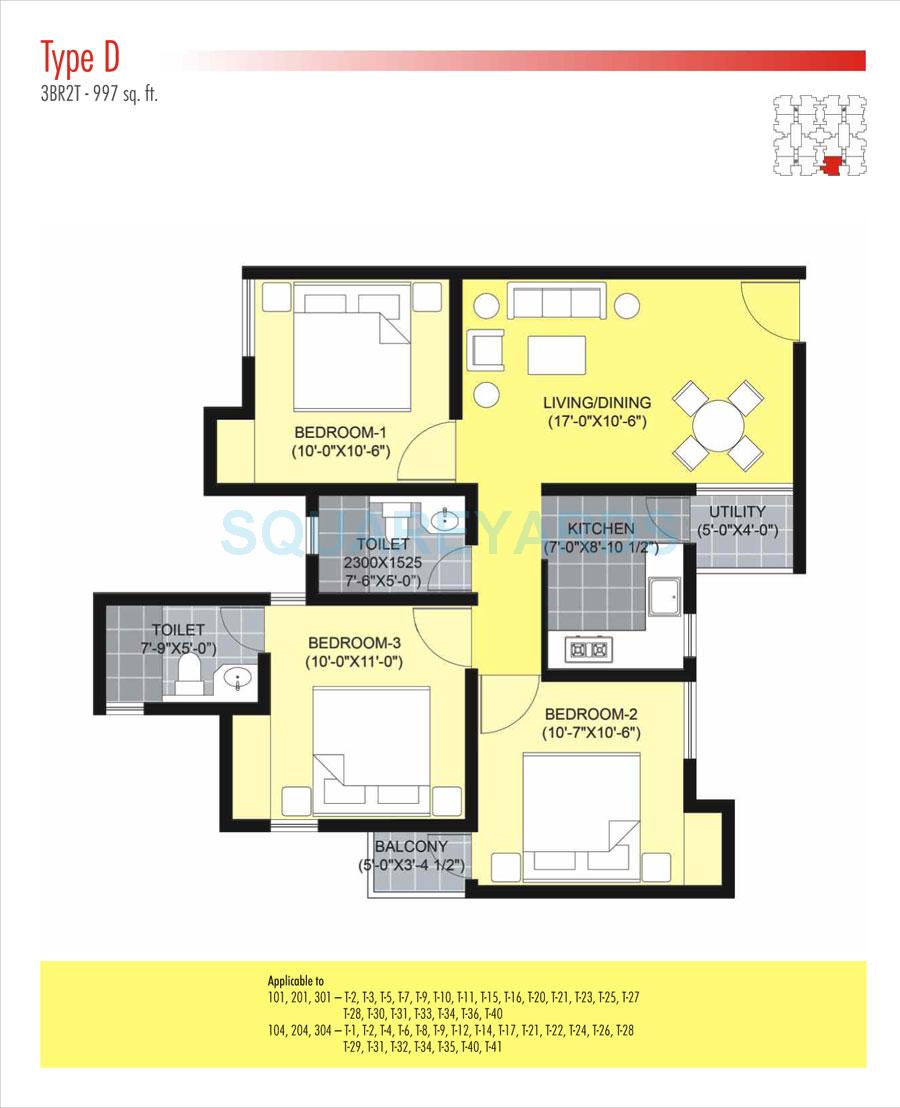 Floor plan of 3 BHK 997 Sq. Ft. Apartment in Unitech Unihomes 2 Chennai, Chennai