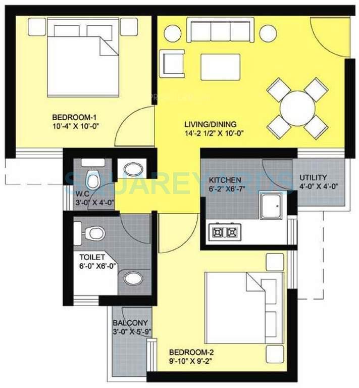 Floor plan of 2 BHK 700 Sq. Ft. Apartment in Unitech Unihomes, Chennai