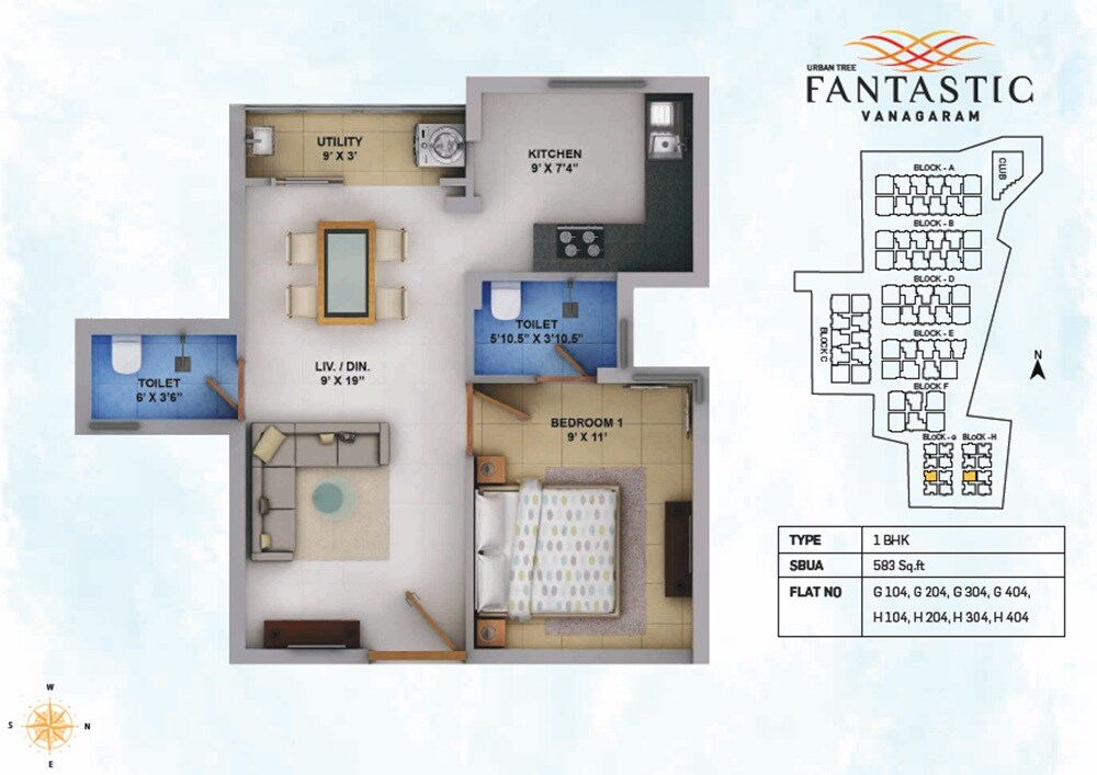 Floor plan of 1 BHK 583 Sq. Ft. Apartment in Urban Tree Fantastic, Chennai