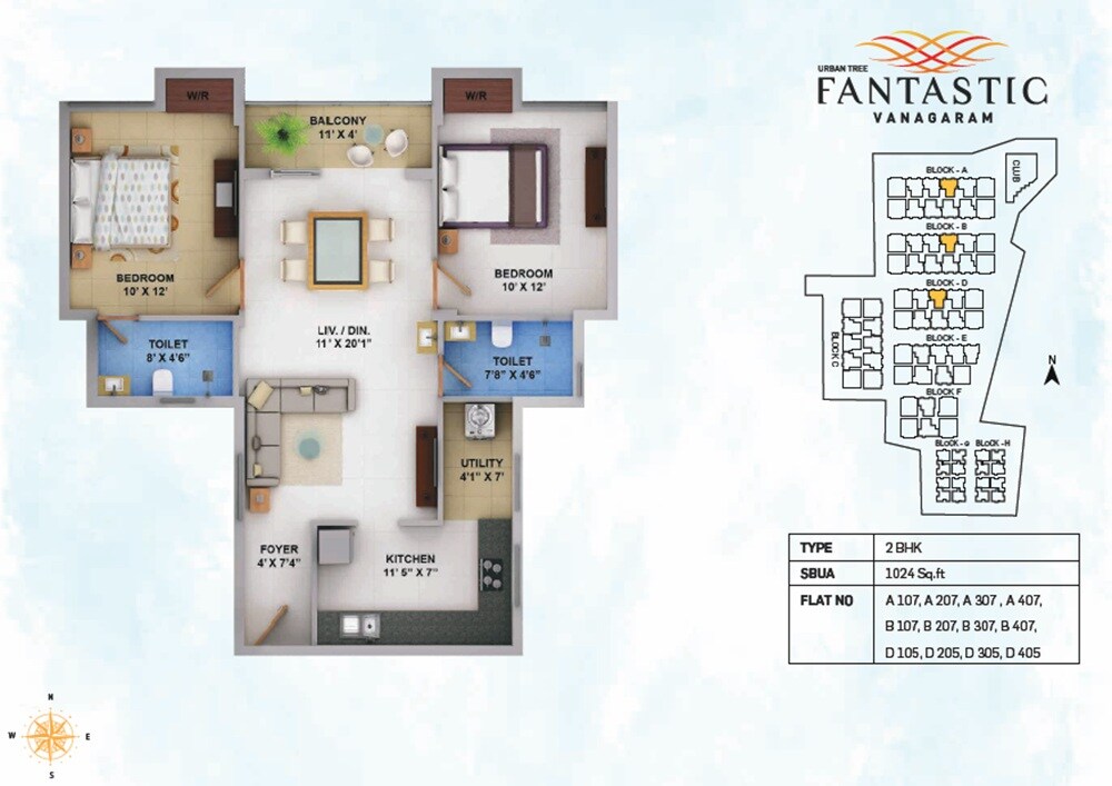 Floor plan of 2 BHK 1024 Sq. Ft. Apartment in Urban Tree Fantastic, Chennai