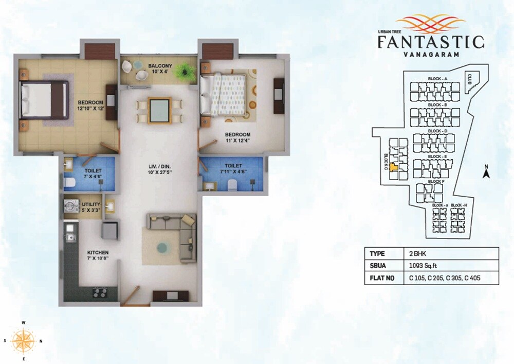 Floor plan of 2 BHK 1093 Sq. Ft. Apartment in Urban Tree Fantastic, Chennai