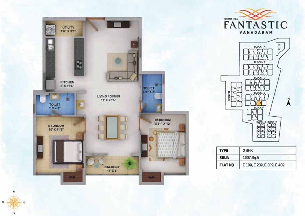 Floor plan of 2 BHK 1097 Sq. Ft. Apartment in Urban Tree Fantastic, Chennai