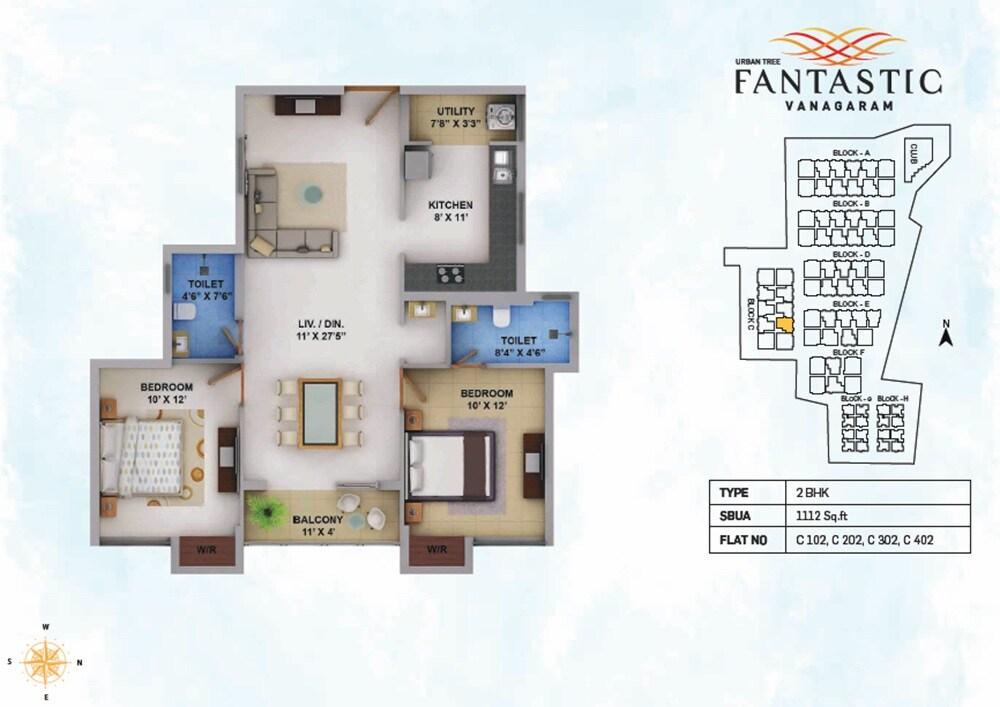 Floor plan of 2 BHK 1112 Sq. Ft. Apartment in Urban Tree Fantastic, Chennai
