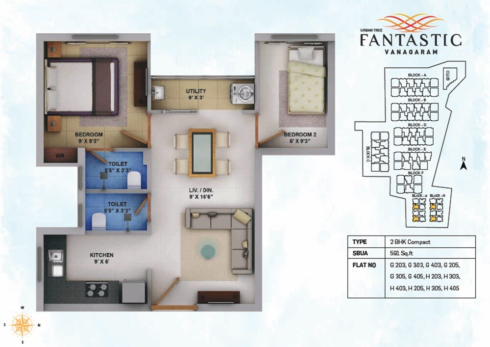Floor plan of 2 BHK 591 Sq. Ft. Apartment in Urban Tree Fantastic, Chennai