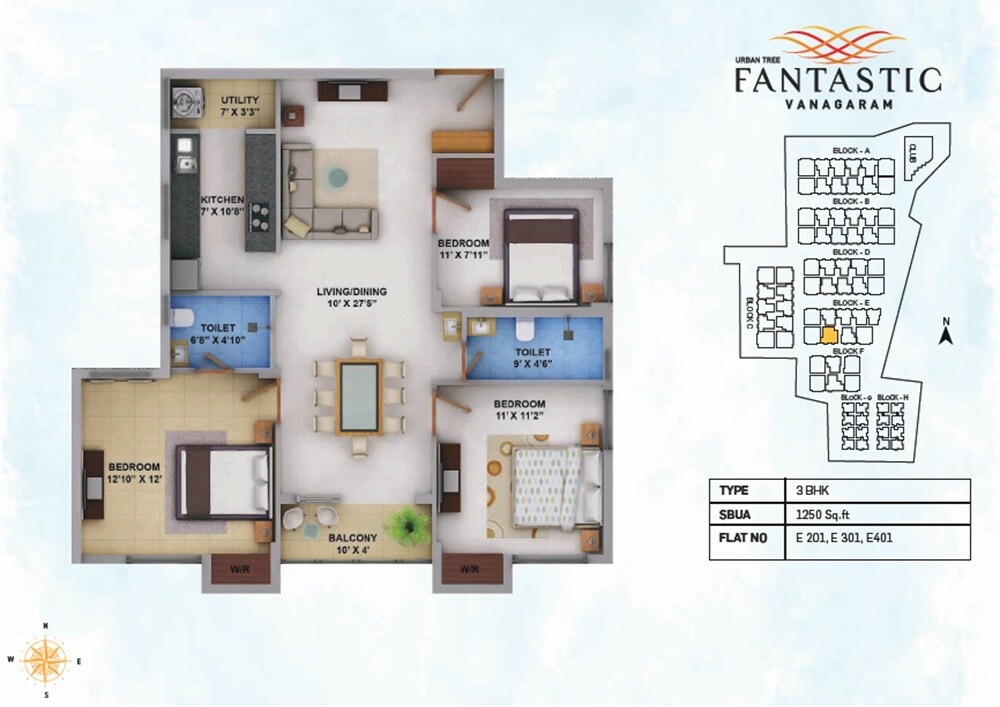 Floor plan of 3 BHK 1250 Sq. Ft. Apartment in Urban Tree Fantastic, Chennai