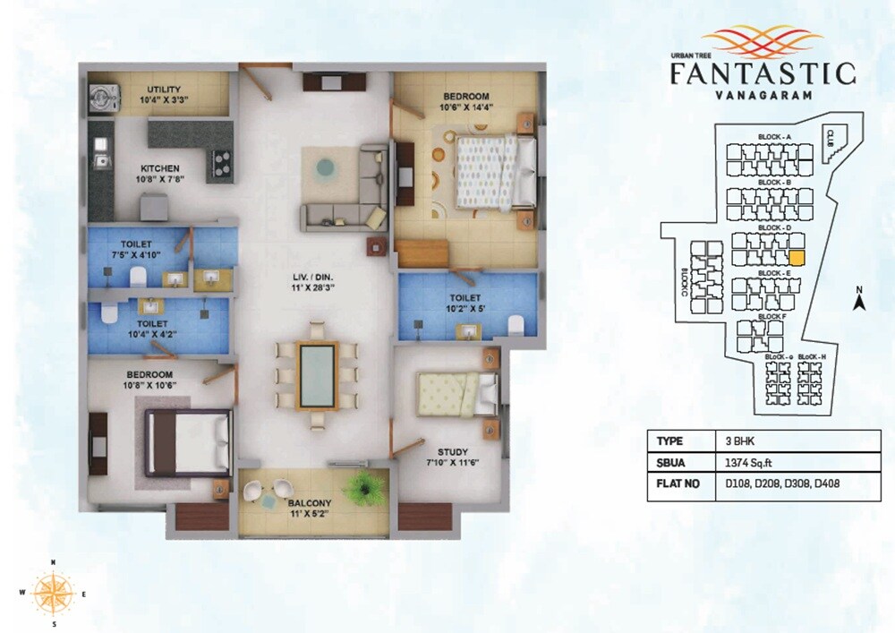 Floor plan of 3 BHK 1374 Sq. Ft. Apartment in Urban Tree Fantastic, Chennai