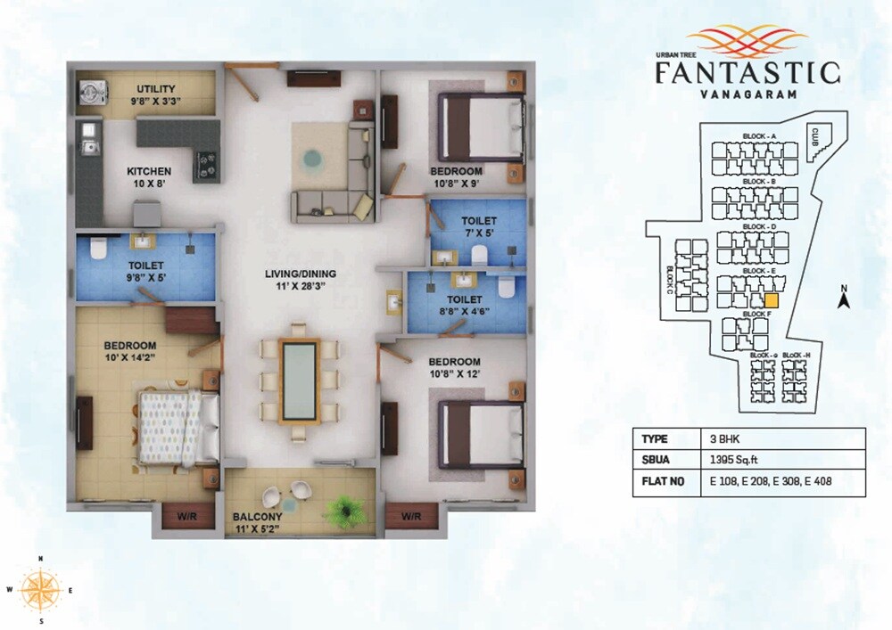 Floor plan of 3 BHK 1395 Sq. Ft. Apartment in Urban Tree Fantastic, Chennai