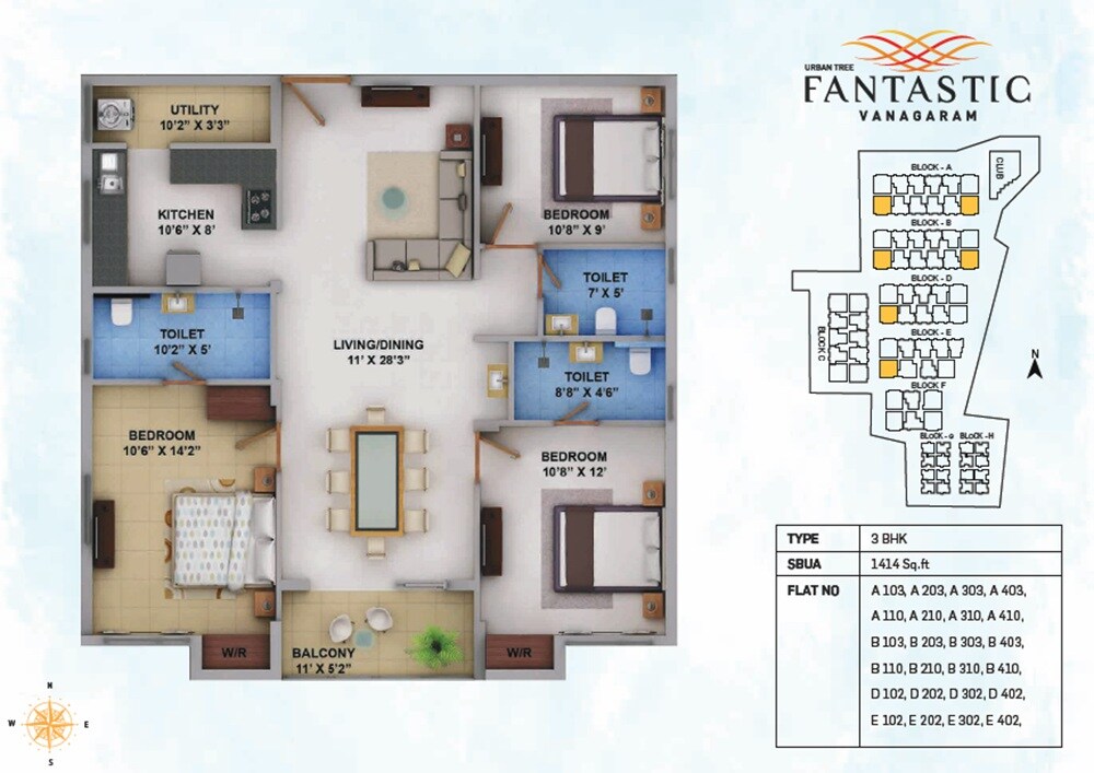 Floor plan of 3 BHK 1414 Sq. Ft. Apartment in Urban Tree Fantastic, Chennai