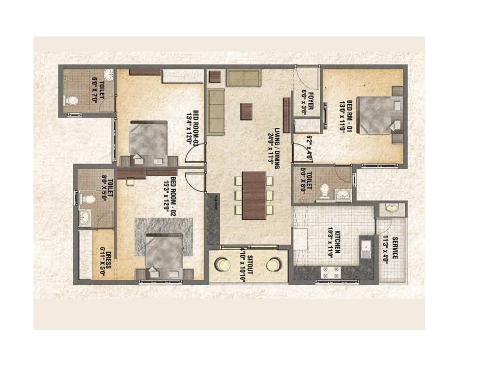Floor plan of 3 BHK 1654 Sq. Ft. Apartment in Urban Tree Marvellous, Chennai