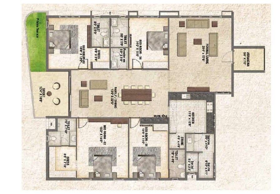 Floor plan of 4 BHK 3091 Sq. Ft. Apartment in Urban Tree Marvellous, Chennai