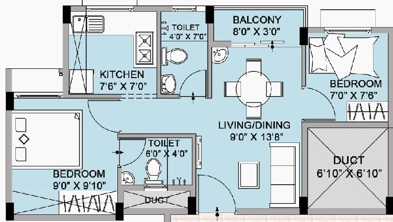 Floor plan of 2 BHK 621 Sq. Ft. Apartment in Urban Tree Oxygen, Chennai