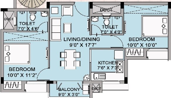 Floor plan of 2 BHK 864 Sq. Ft. Apartment in Urban Tree Oxygen, Chennai