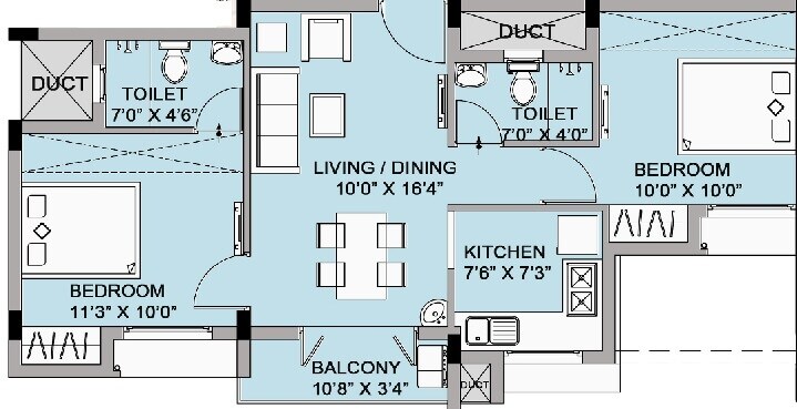 Floor plan of 2 BHK 878 Sq. Ft. Apartment in Urban Tree Oxygen, Chennai